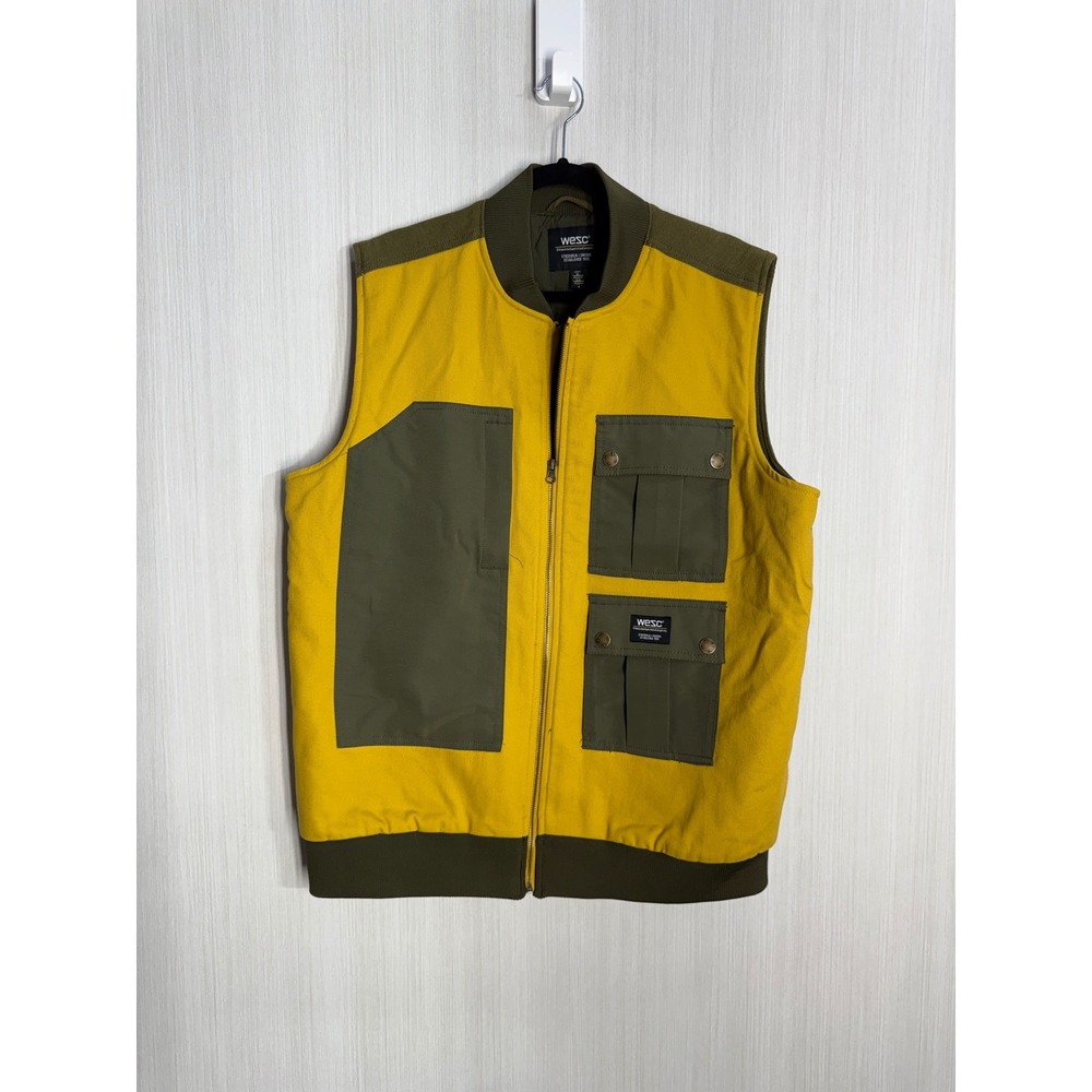 WeSC Mens Utility Vest XL Yellow Olive Green Quilted Lined Cargo Streetwear